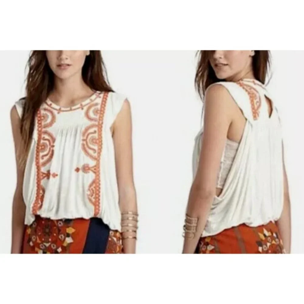 Free People Women's Dos‎ Segundos Embroidered Cap Sleeve Top Elastic Waist Sz M